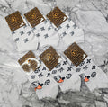 Set of women's ankle socks, white with black symbols and gold monogram cuff