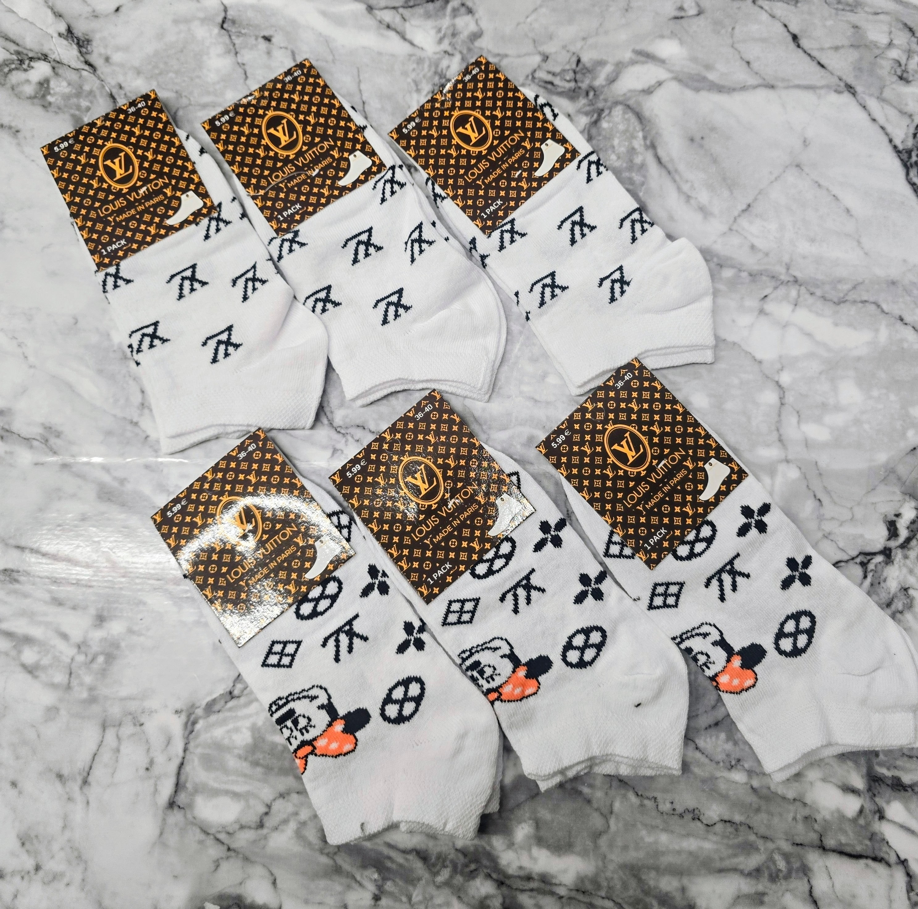 Set of women's ankle socks, white with black symbols and gold monogram cuff