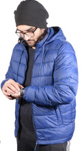Unisex blue quilted puffer jacket, full front zipper and side pockets