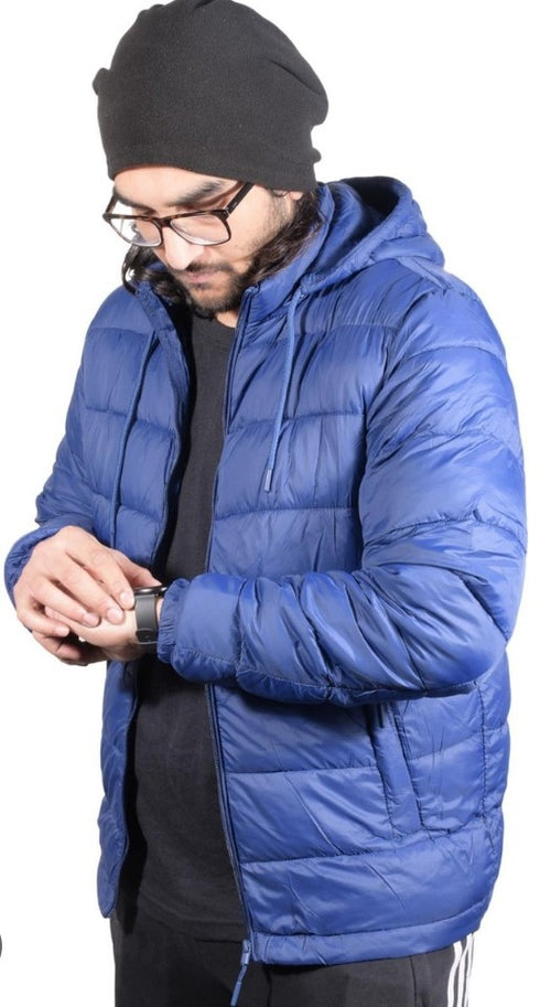 Unisex blue quilted puffer jacket, full front zipper and side pockets