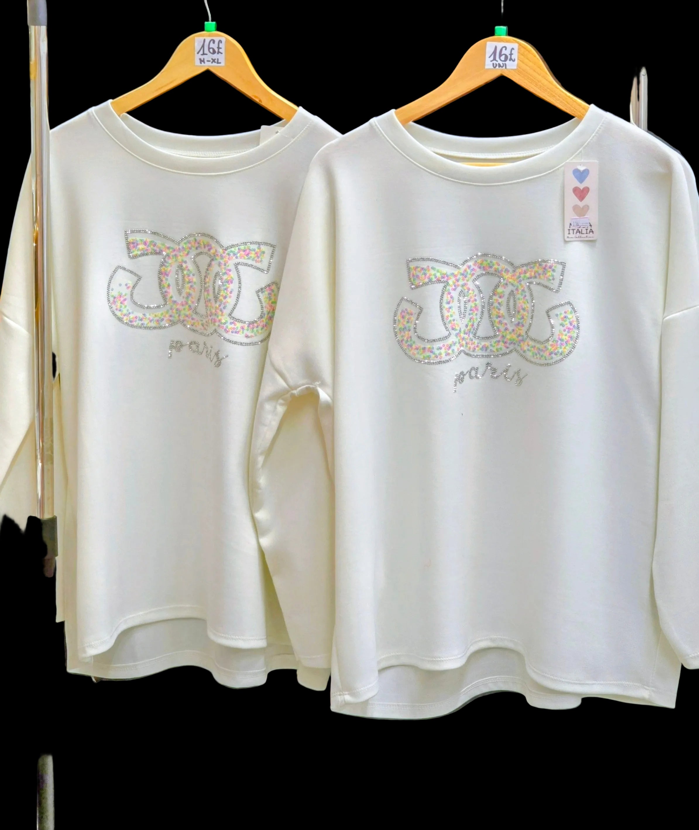 White embellished sweatshirt with multicolor sequined “LOVE” applique on chest