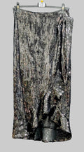 Black and silver sequin maxi skirt with straight hem and side drape