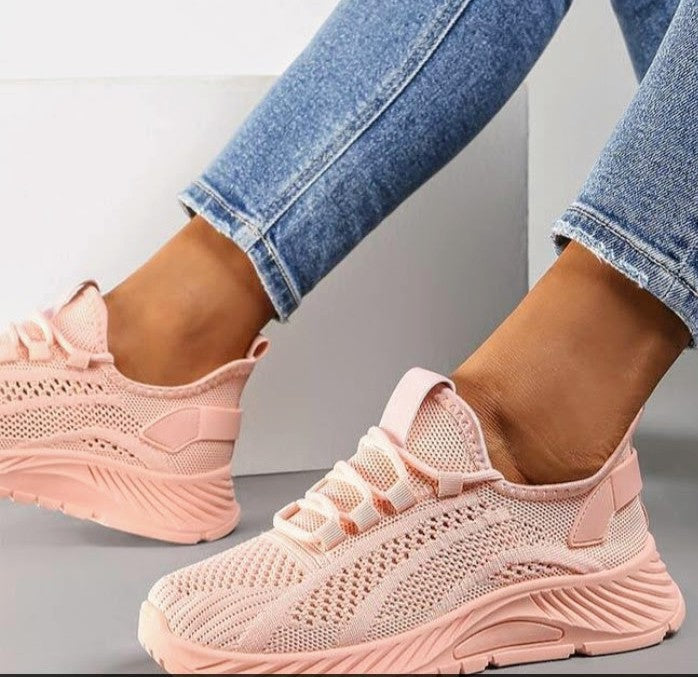 Pink knit sock sneakers with textured stripes, lace-up with low profile sole