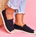 Women’s black espadrilles with jute trim and fabric side embroidery, low slip-on shoes