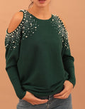 Embellished-sleeve sweater in dark green with pearl-like studs on shoulders