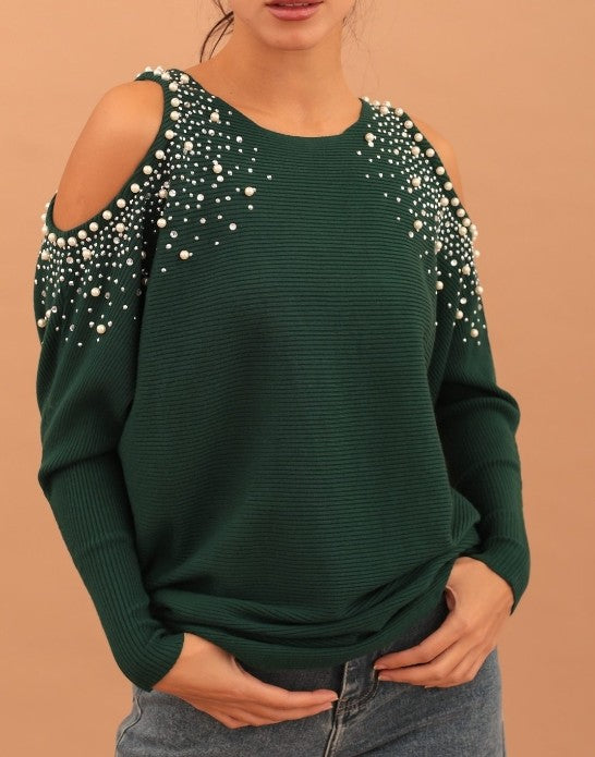 Embellished-sleeve sweater in dark green with pearl-like studs on shoulders