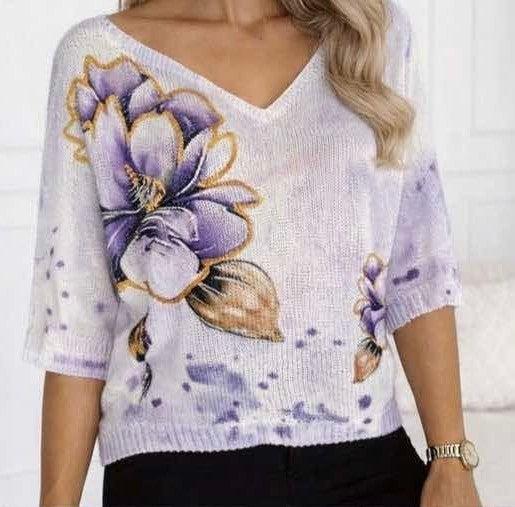 Women’s short-sleeve sweater, light lavender knit with purple flower graphic