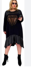 Women's embellished black dress with long sleeves, decorative neckline panel, ruffled hem