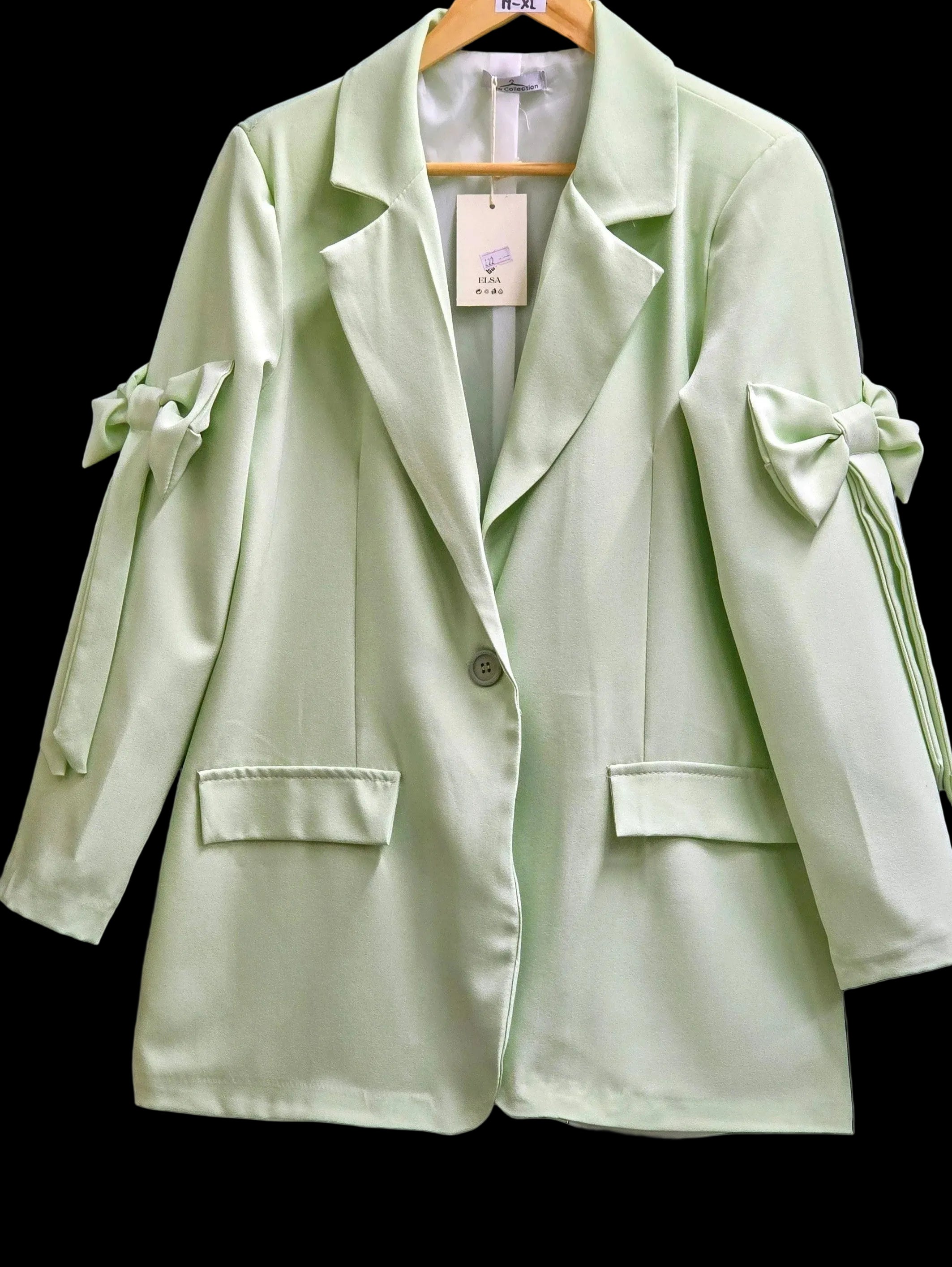 Mint green women's blazer jacket with bow cuffs, notch lapel, single-button front, pockets