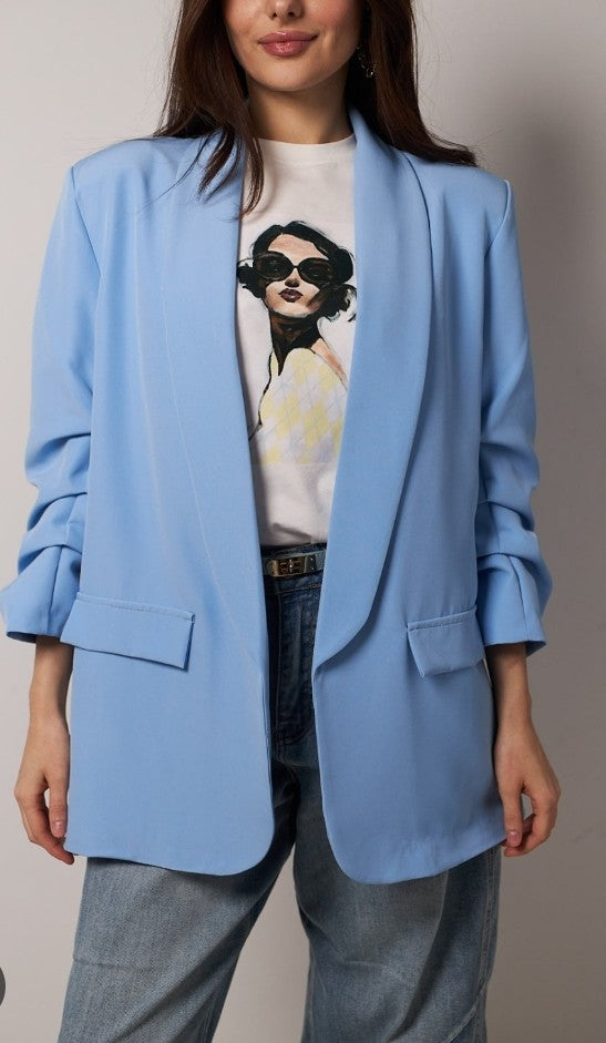 Light blue women's blazer jacket with notched lapels and flap pockets