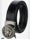 Men's black belt with textured finish and round rhinestone buckle