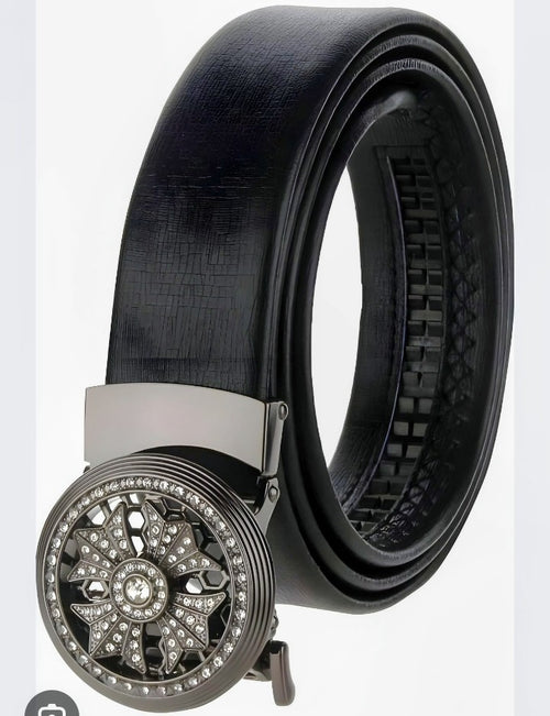 Men's black belt with textured finish and round rhinestone buckle