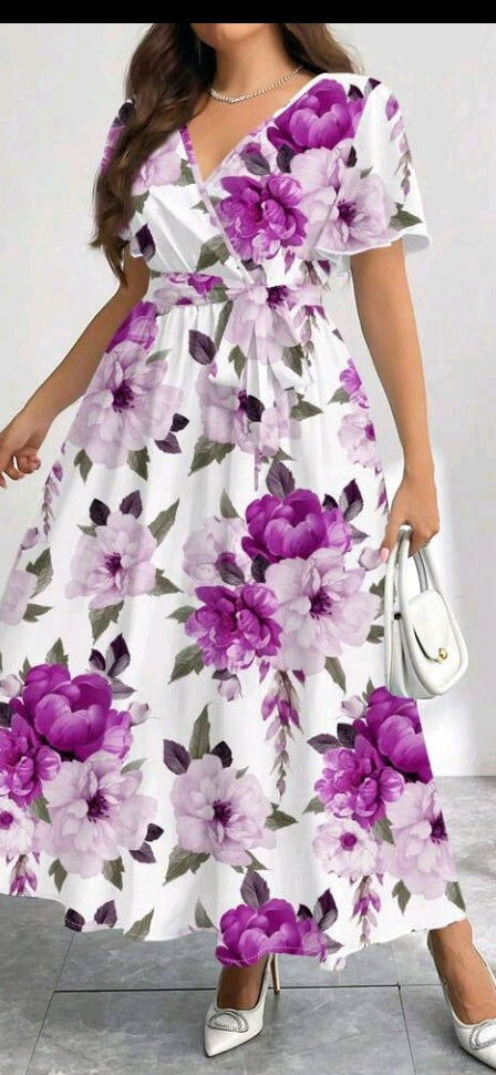 Women’s belted flowy dress, white with purple and pink floral print, short sleeves