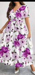 Women’s belted flowy dress, white with purple and pink floral print, short sleeves