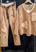 Women's premium set in brown suede: matching top with heart applique and pants