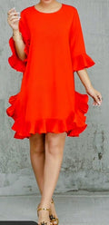 Bright orange occasion dress with round neck, 3/4 ruffle sleeves, tiered hem.