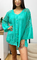 Mint green lace-trim blouse with button-front and pintuck texture, scalloped neckline