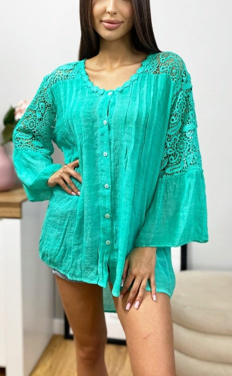 Mint green lace-trim blouse with button-front and pintuck texture, scalloped neckline