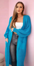 Women’s long knit cardigan, teal-blue, open front, long sleeves and draped fit
