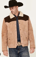 Men's two-tone suede jacket with sherpa-style shearling collar and snap front