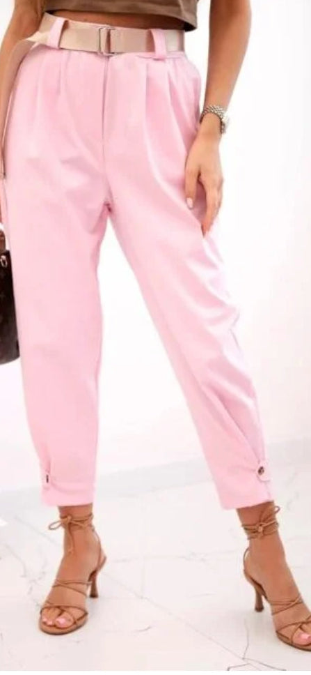 Women's pink trousers with button hem detail, belted waist and cuffed ankle