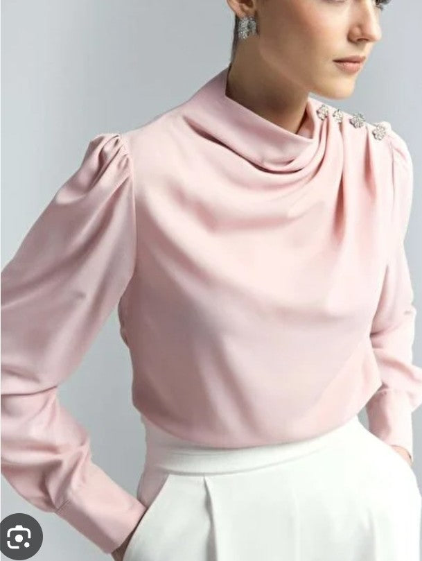 Candy pink satin blouse with draped high neckline and long puff sleeves