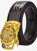 Dark leather men's belt with gold buckle and jeweled center emblem, decorative inlays