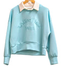 Light blue cropped sweatshirt with long sleeves and beige collared neckline, 'coffee time PARIS'