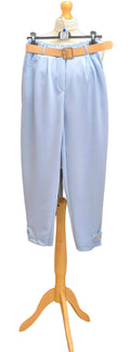 Light blue women's belted trousers with wide leg, pleated waist and tan belt