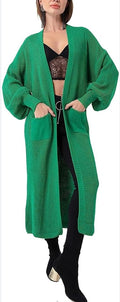 Women's long cardigan, green knit with open front and large pockets