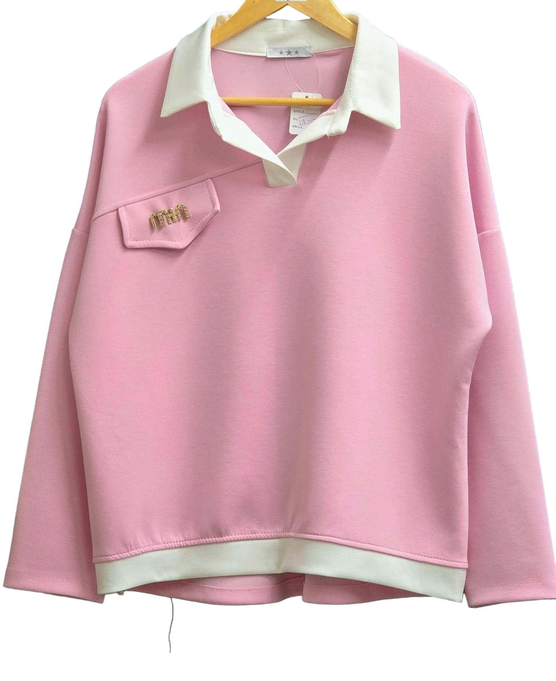 Pink women's sweatshirt with mint collar, small chest pocket, ribbed hem.