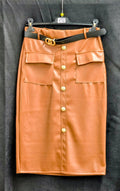 Women's faux leather skirt in dark orange-brown with front buttons and two flap pockets