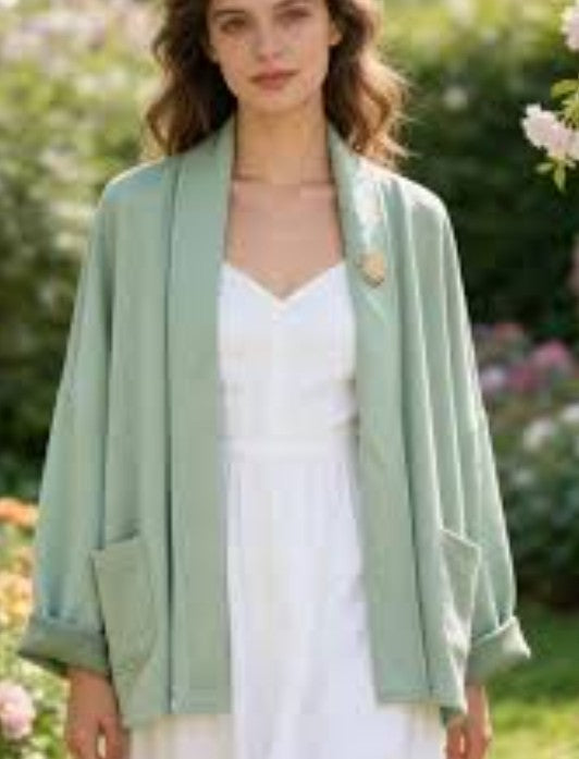Light green women’s brooch cape with draped open front and 3/4 sleeves
