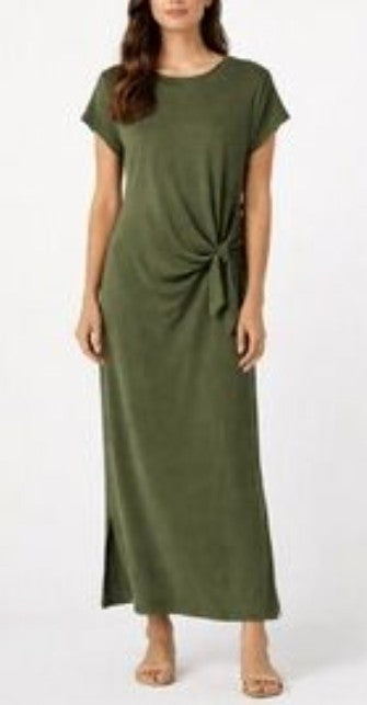 Women's side-tie midi dress, short-sleeve crew neck, green with side knot detail
