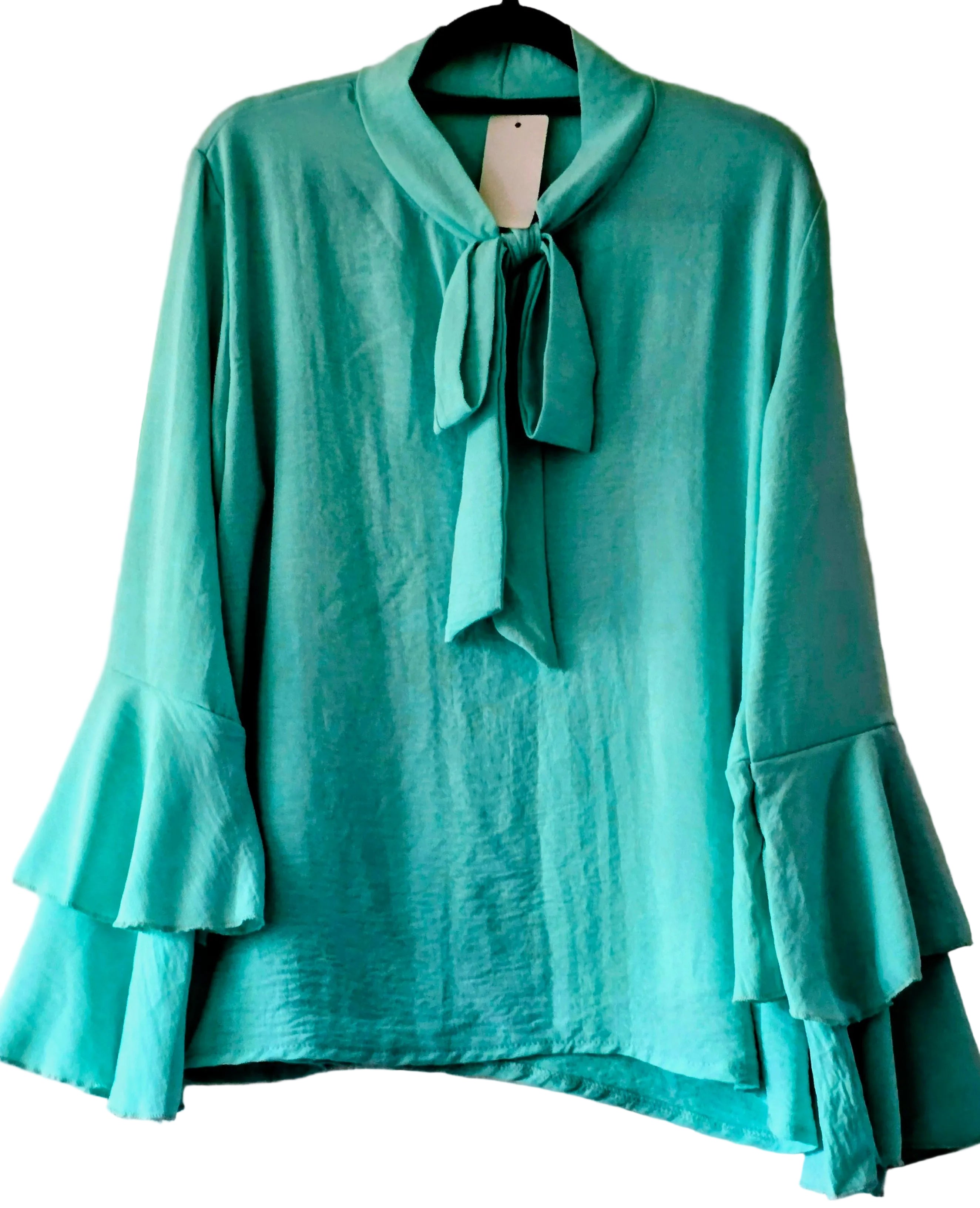 Women’s teal tied-neck blouse with bow, long flared sleeves and ruffle cuffs