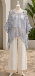 Oversized silver knit cardigan with wide sleeves and ribbed round neckline