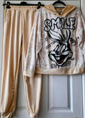 Women’s velour hoodie and sweatpants set, beige, graphic bunny print on hoodie.