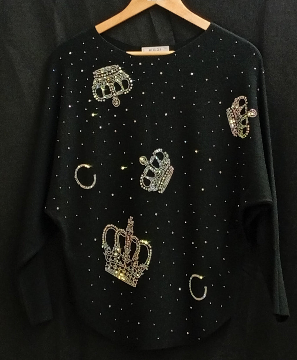 Embellished sweater for women in dark knit with rhinestone crown and C charms