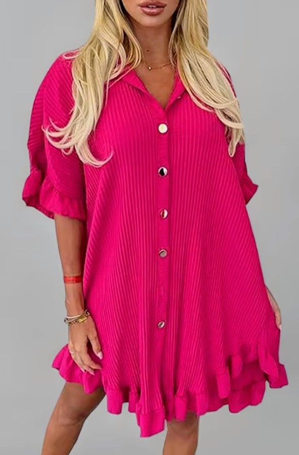 Women's dark pink tunic with V-neck button front, pleated texture, ruffle cuffs and hem