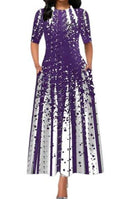 Purple dress with pockets, 3/4 sleeves, white speckled vertical stripes