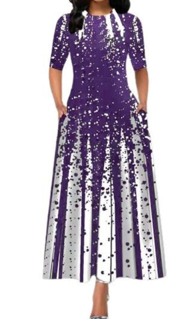 Purple dress with pockets, 3/4 sleeves, white speckled vertical stripes