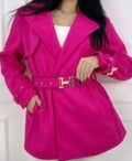 Women's short coat in bright pink with V-neck, long sleeves, belted waist and silver buttons