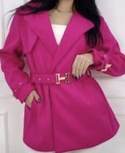 Women's short coat in bright pink with V-neck, long sleeves, belted waist and silver buttons