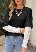 Black women’s striped blouse with white lace cuffs and short loose sleeves