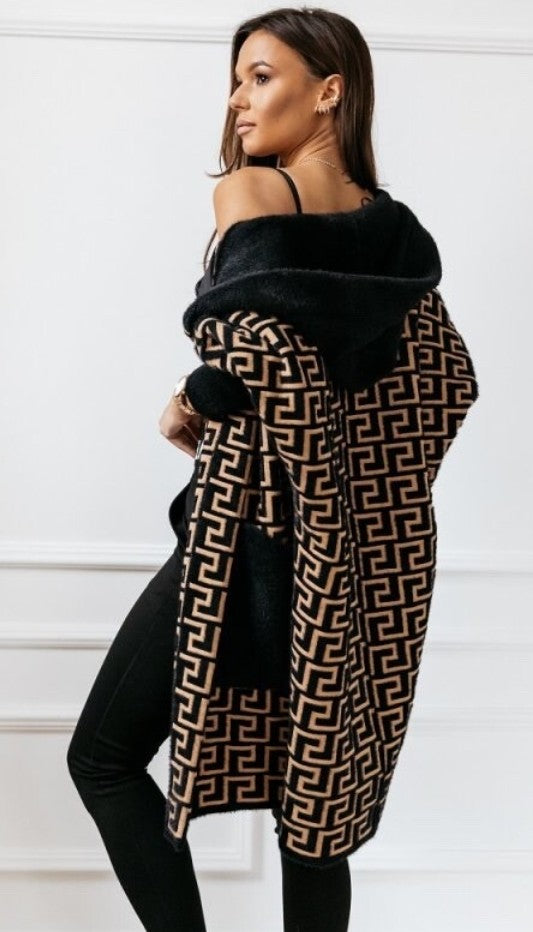 Longline hooded cardigan with open front, black-and-cream geometric print and hood.
