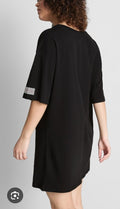 Women's smooth tunic in dark black, short sleeves, back view