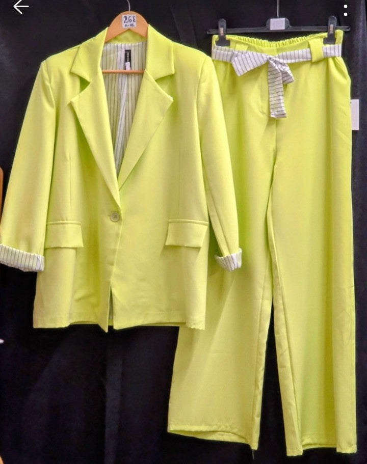 Women's yellow suit set: blazer with striped cuffs and wide-leg pants