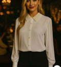 White embellished-collar button-up shirt with long puff sleeves, front view