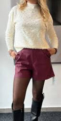 Burgundy faux leather shorts with pleated front and short cuffed hem