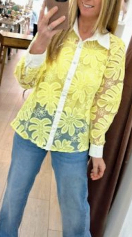 Yellow lace button-up shirt with long sleeves and white inner camisole lining